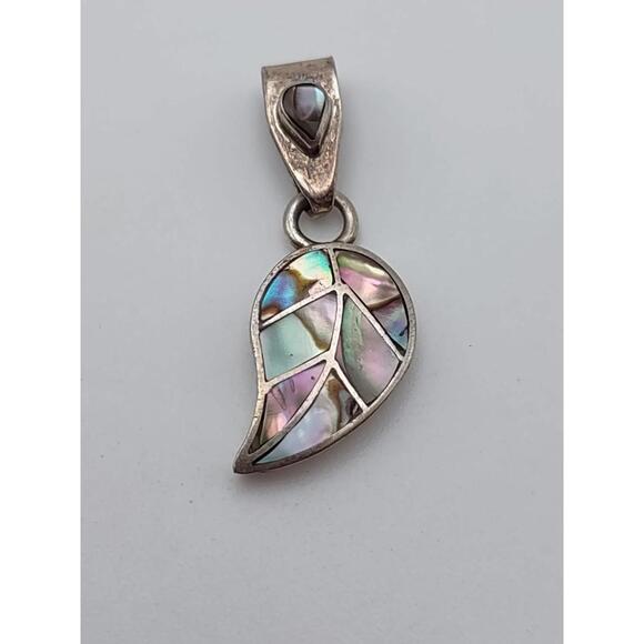 Jewelry - Vintage Mexico 950 Silver Abalone Inlay Leaf Pendant grams